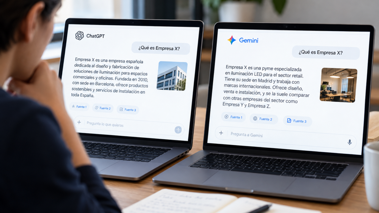 Una persona compara en dos portátiles lo que responden ChatGPT y Gemini a la pregunta «¿Qué es Empresa X?»: cada asistente describe la empresa de forma distinta.